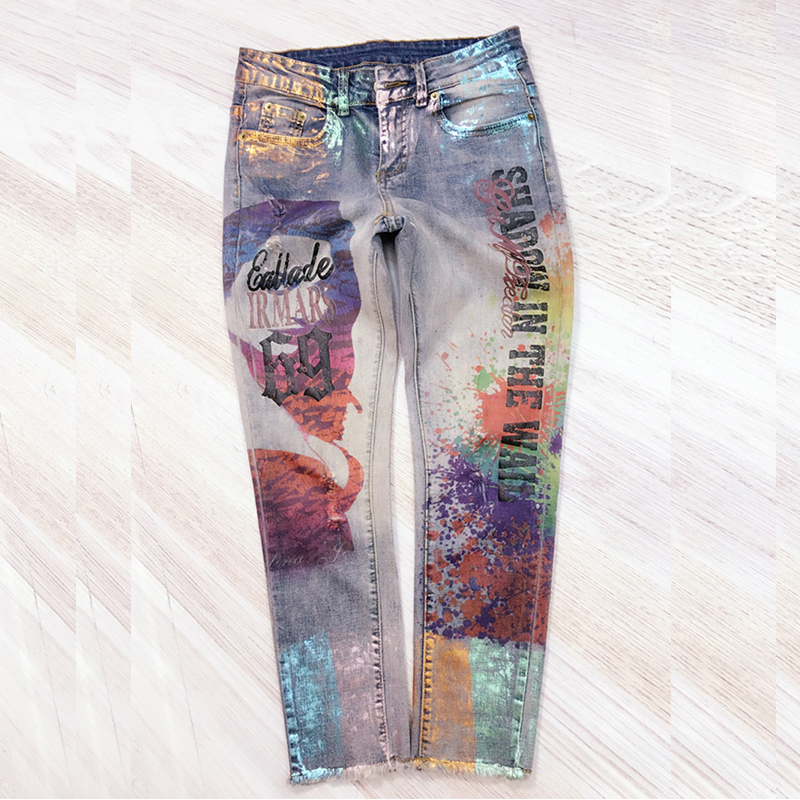 LUCKY STAR 3D Appliques pattern Painted Jeans Momen Straight Elegant Style Ripped Vintage Pattern Skinny Jeans D237 201029