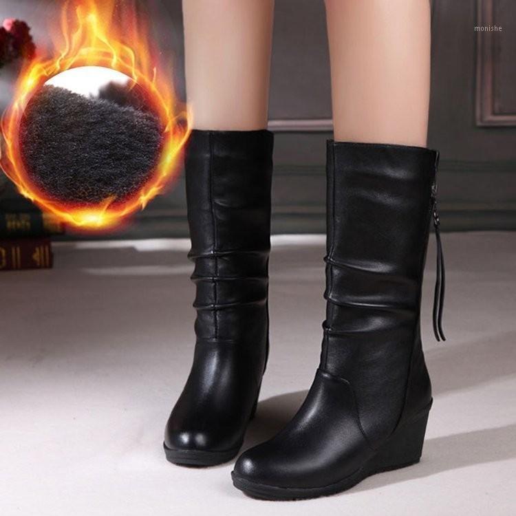 Winter Boots Warm Women Boots Wedge Mid Calf Women Shoes Fashion Mother Shoes Leather Round Toe Ladies keep1, Black