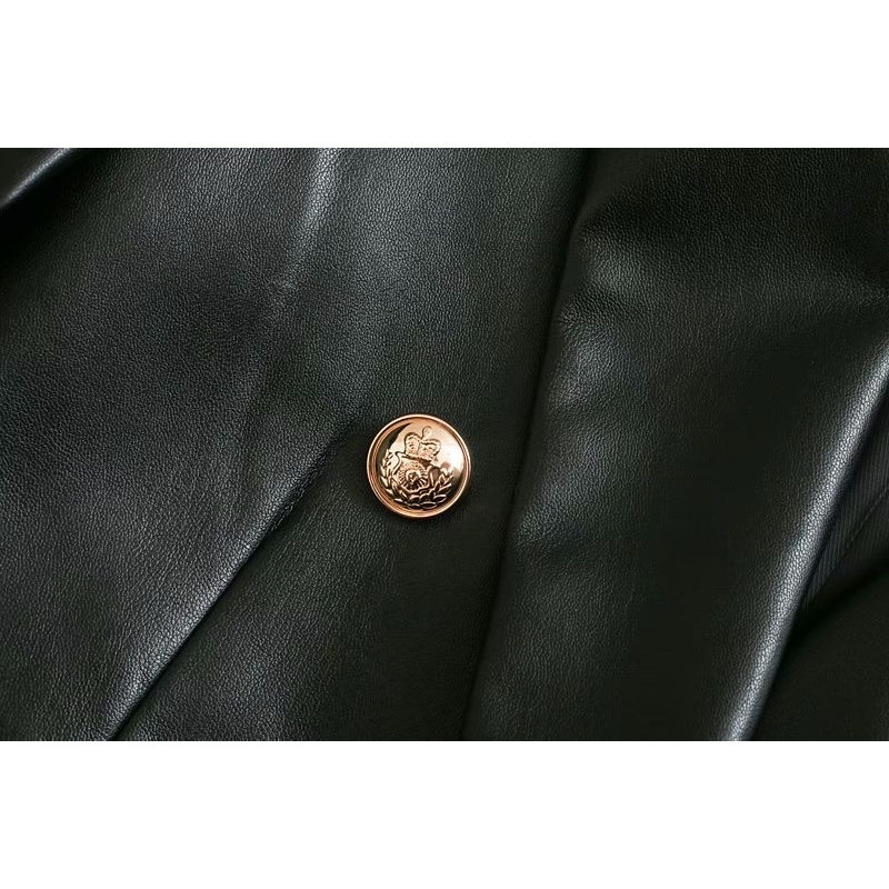 Elegant women faux leather blazer fashion office ladies breasted double jacket streetwear female pocket girls chic 201114