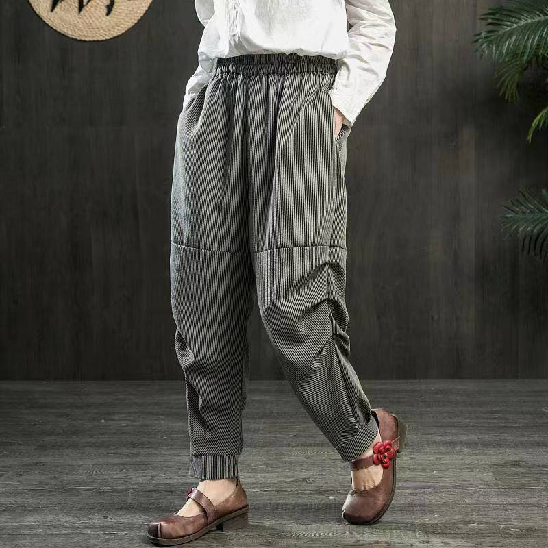 Spring Summer Arts Style Women Elastic Waist Harem Pants Vintage Cotton Linen Plaid Pants Loose Female Trousers Plus Size D414 201109