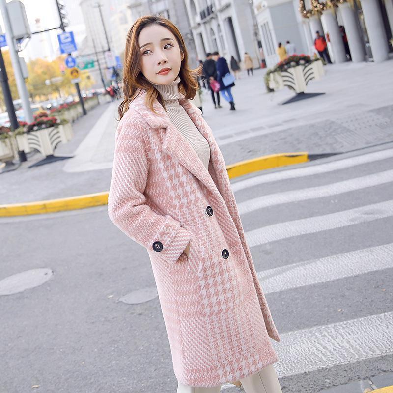 Fashion plaid wool coat women autumn winter korean style medium long coats ladies turndown collar warm pink outerwear 201216