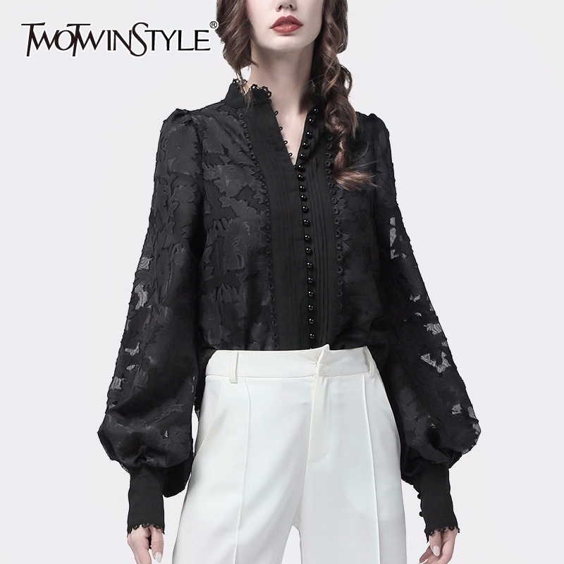 TWOTWINSTYLE Patchwork Lace Women's Shirts Lantern Long Sleeves Stand Collar Korean Shirt Blouse Female Autumn Fashion New 201126, Black
TWOTWINSTYLE Patchwork Lace Women's Shirts Lantern Long Sleeves Stand Collar Korean Shirt Blouse Female Autumn Fashion New 201126, Black