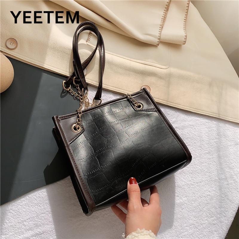 Female bag tide wild large-capacity pu chain shoulder bag simple contrast color ladies messenger small square stone pattern, Black 
Female bag tide wild large-capacity pu chain shoulder bag simple contrast color ladies messenger small square stone pattern, Black