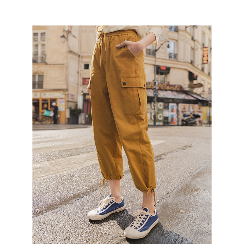 INMAN Spring Autumn 100%Cotton Solid Elastic Waist Pocket Fashion Cool Women Cargo Pants 201111