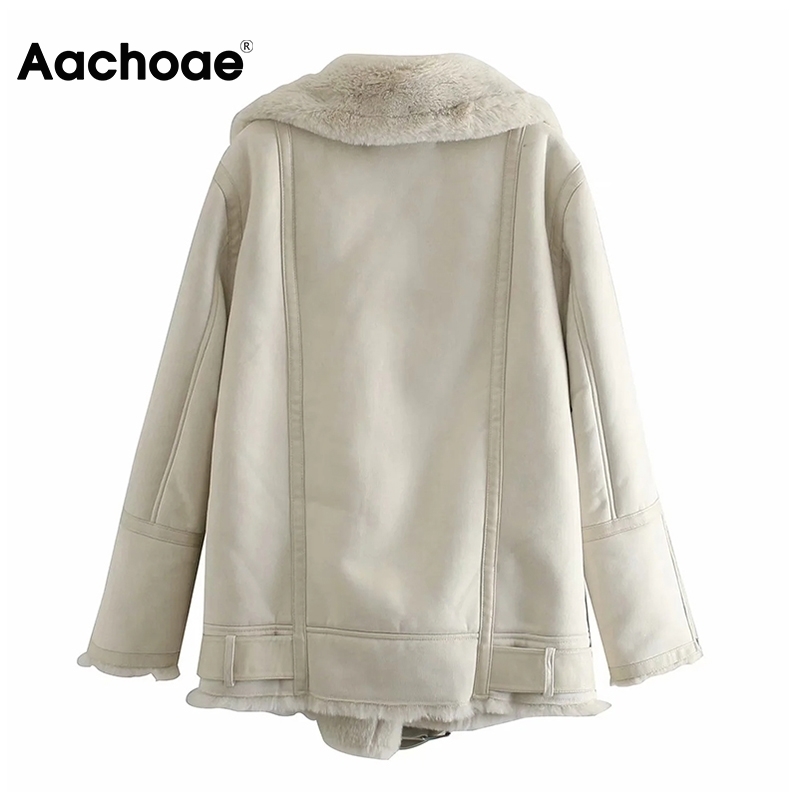 Aachoae Winter Streetwear Fur Faux Leather Jacket Women Fashion Thick Warm Coat Female Zipper Up Sashes Jackets Coats 201017