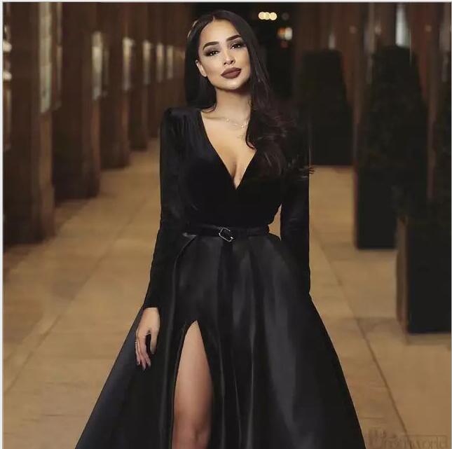 Vestido 2021 New Arrival Long Prom Party Evening Dresses Gown Satin Robe De Soiree Elegant Frock Sexy Side Slit Velour