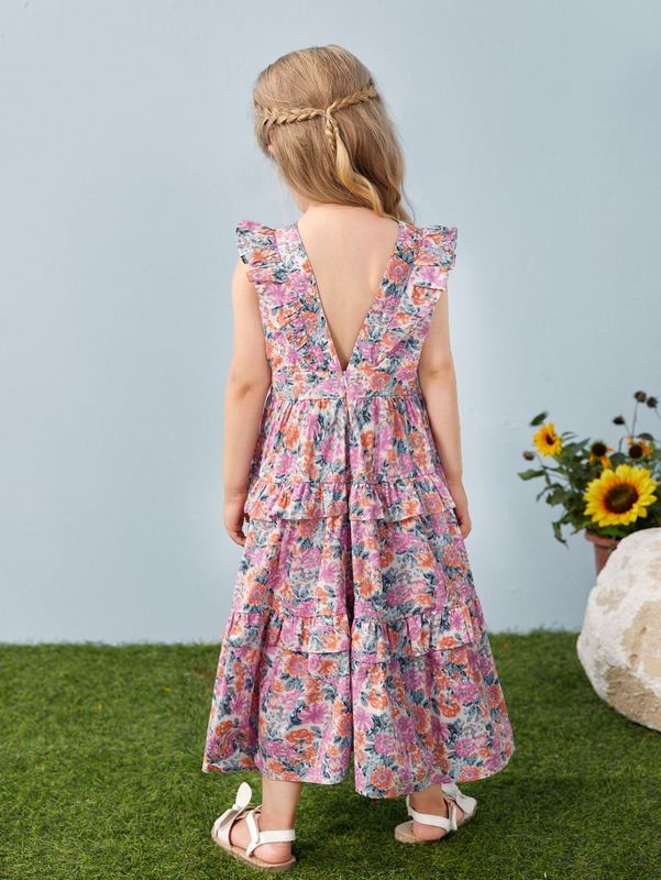 Toddler Girls Allover Floral Print Backless Butterfly Sleeve Layered Ruffle Hem Dress SHE