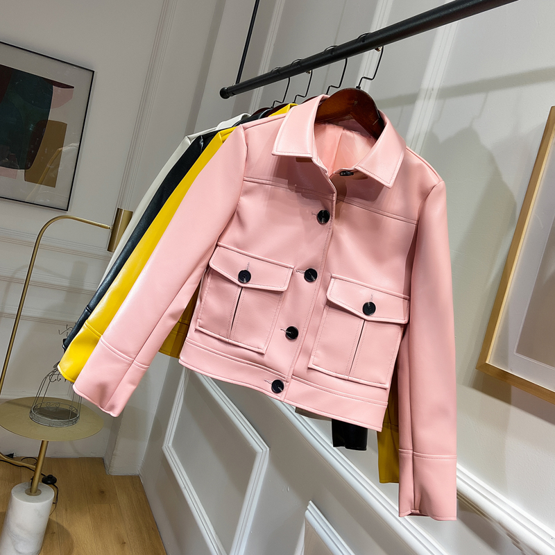 spring Faux leather jacket coats women motorcycle black cool PU leather bomber jacket female short lapels ladies outerwear 201030