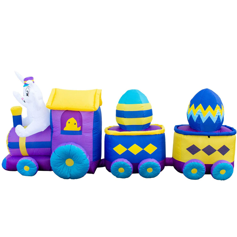 Massive Airblown Easter Inflatable Bunny Train With Carriage,Giant Blow Up 2 Eggs Car For Outdoor Holiday Yard Decoration