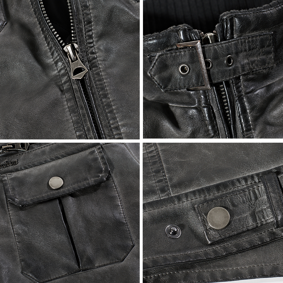 HIEXHSE Mens Leather Jackets Motorcycle Stand Collar Zipper Pockets Male US Size PU Coats Biker Faux Leather Fashion Outerwear 201120
