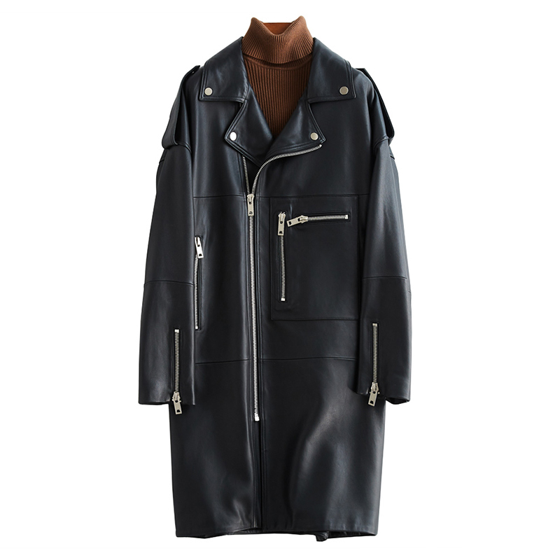 Nerazzurri Oversized black long spring womens leather jacket long sleeve drop shoulder zipper Plus size loose faux leather coat 210201