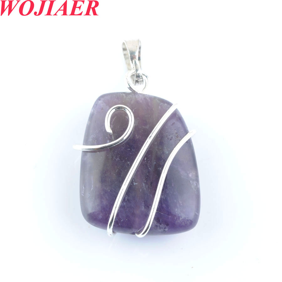 WOJIAER Natural Stone Trapezoidal Pendant Healing Silver-color Wire Wrap Crystal Pink Quartz Necklaces Jewelry for Women DBO914