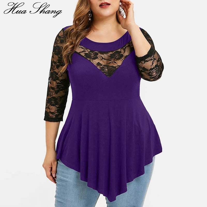 Plus Size 5XL Floral Lace Hollow Out Sexy Tunic Blouse Women Clothing Summer Big Size Tops Ladies Ruffles Irregular Blusas 201130