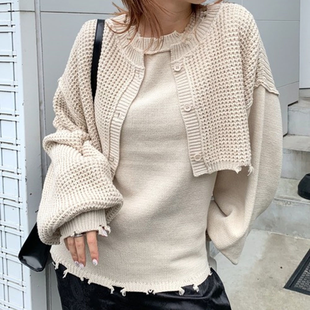 New Women's Vest Knit Sweater Lantern Long Sleeve Blouse Two-piece Japanese Simple Female Knit Tops Front And Back Two Wear 201030wtt