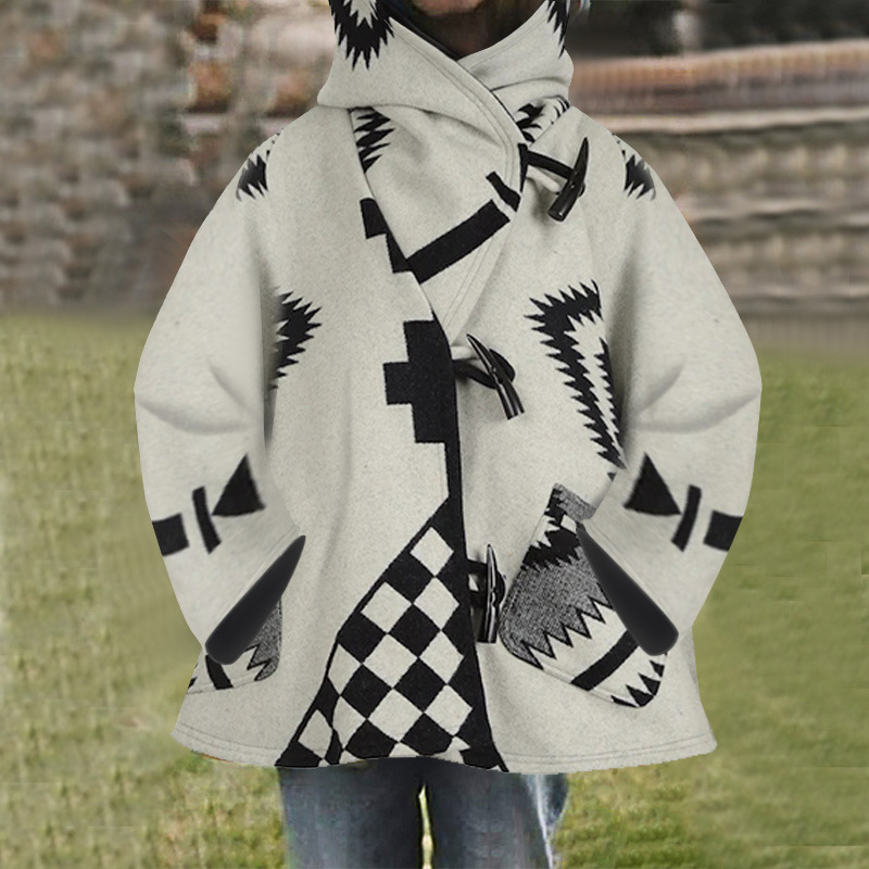 Vintage Geometry Print Hooded Long Jacket Women Autumn Winter Casual Oversized Woolen Coat Female Thick Warm Loose Outwear 201030