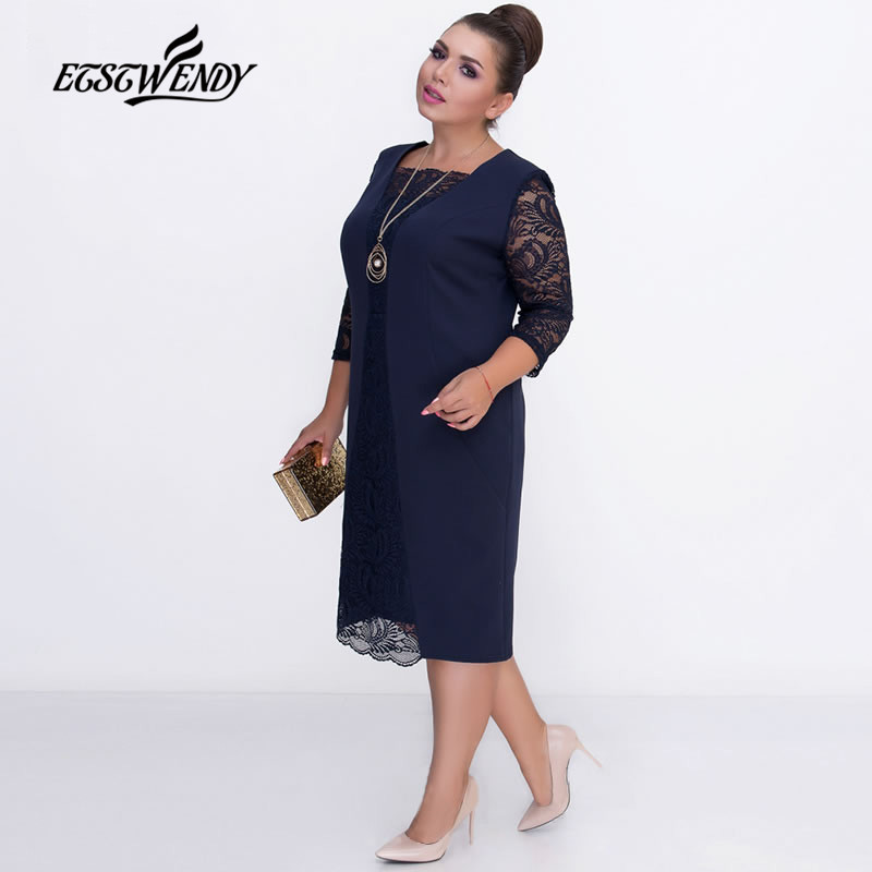 Big Size Elegant Long sleeves Patchwork Lace Dress L6XL Spring Dress Women Dresses Plus Size Women Clothing Vestidos T200319