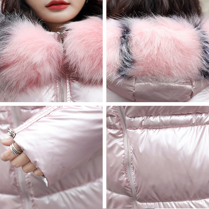 Women's Long Puffer Coat Solid Casual Winter Jacket Women Hooded With Fur Collar Shiny Cotton Padded Plus Size Thick Parkas 201019