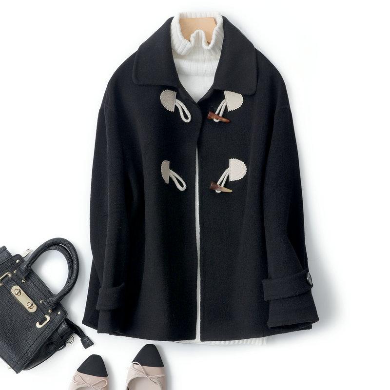 Ox horn button short double side cashmere coat women's fall / winter 2020 Korean baby collar small denim coat wool, Black
Ox horn button short double side cashmere coat women's fall / winter 2020 Korean baby collar small denim coat wool, Black