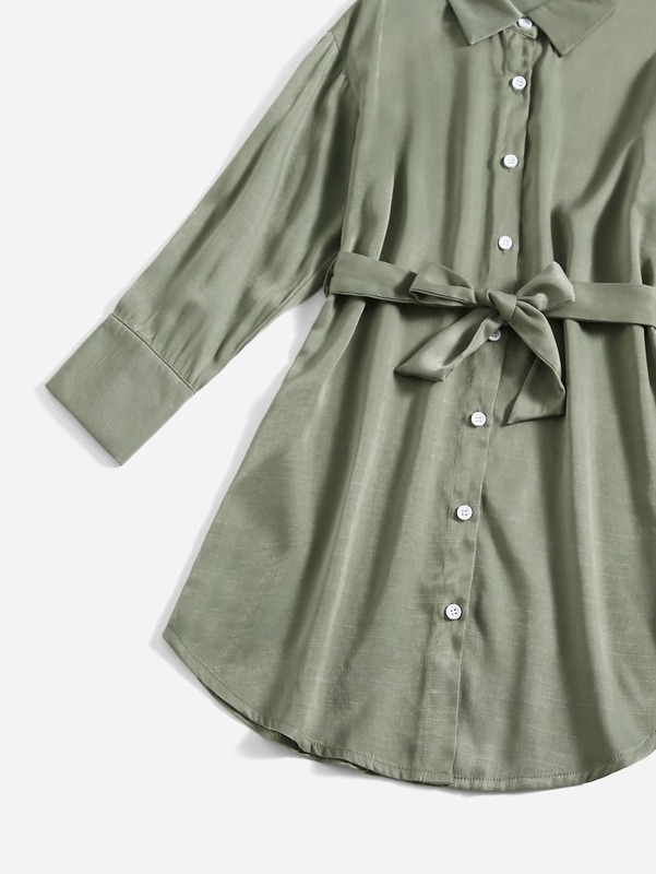 Girls Curved Hem Button Front Belted Shirt Dress SHE