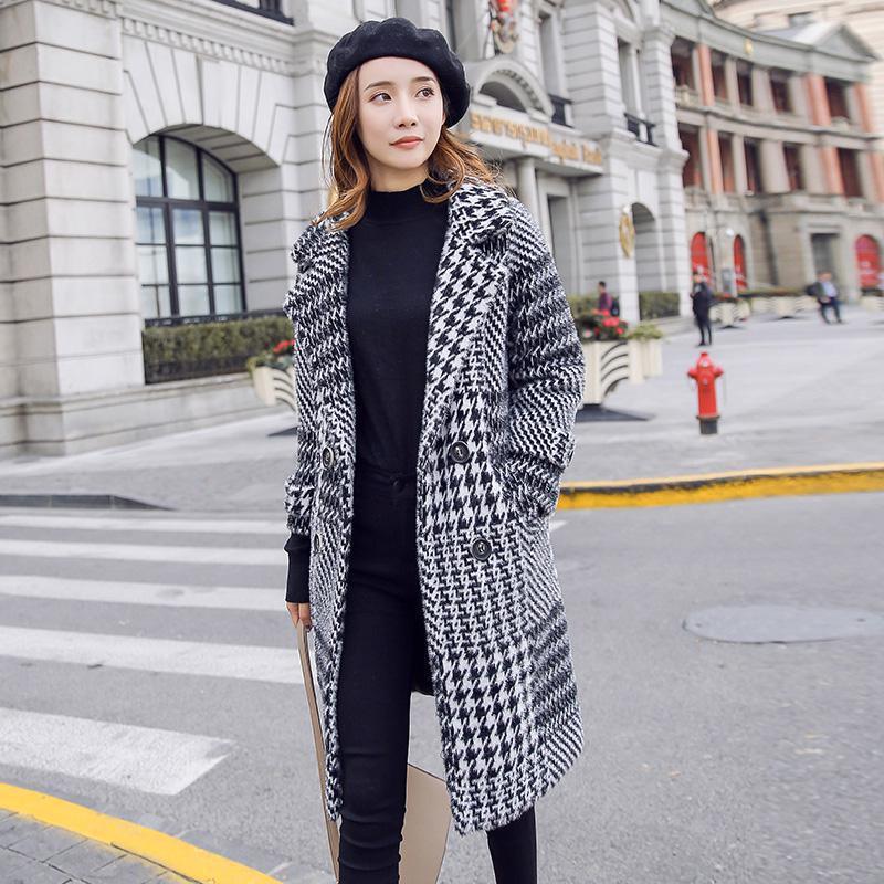 Fashion plaid wool coat women autumn winter korean style medium long coats ladies turndown collar warm pink outerwear 201216