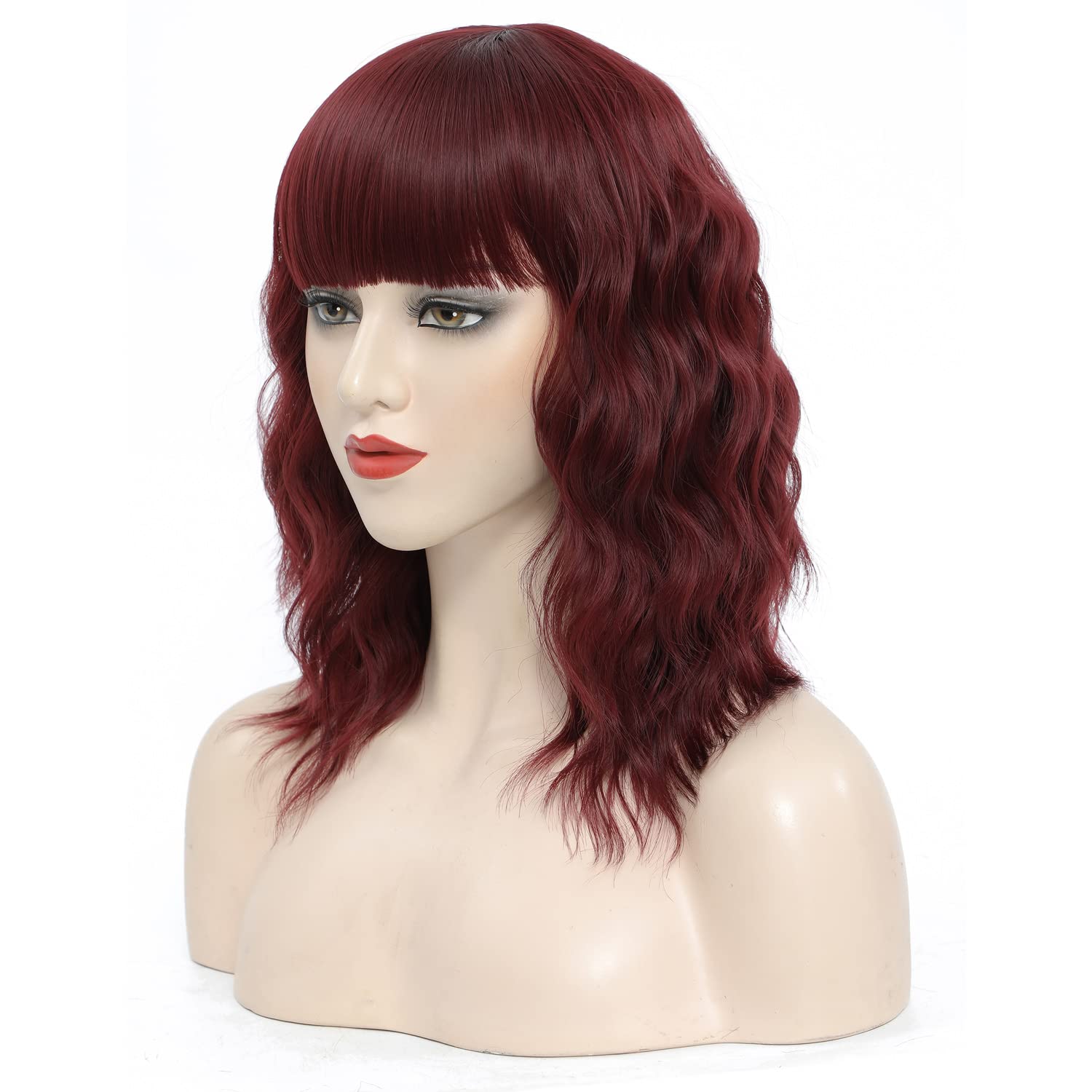 Beautiful Short Water wavy Synthteic Hair Wigs with Bangs for Women Afro wig Brown Ombre Color Wave wig
