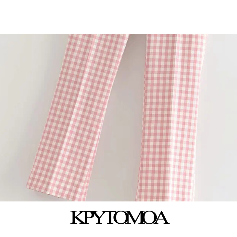 KPYTOMOA Women Chic Fashion Plaid Flare Pants Vintage High Elastic Waist Zipper Fly Female Ankle Trousers Pantalones Mujer 201031