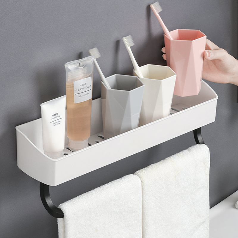 Punch-Free Bathroom Shelf Plastic Bath kitchen Towel Holder Shampoo Cosmetic Storage Rack Household Accessories 210423