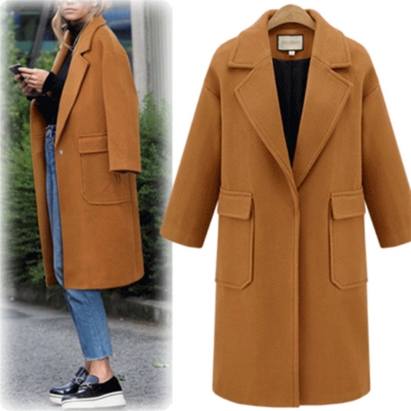 Autumn Winter Long Coat Women Casual Plus Size Slim Solid Soft Wool Blazers Jacket Female Elegant Loose Overisze Outwear 201216