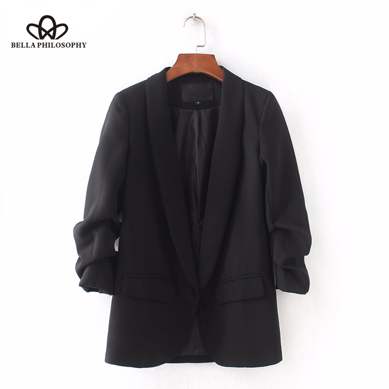 Bella women elegant white black green blazer crimping three quarter sleeve outerwear notched pocket office jacket 201114