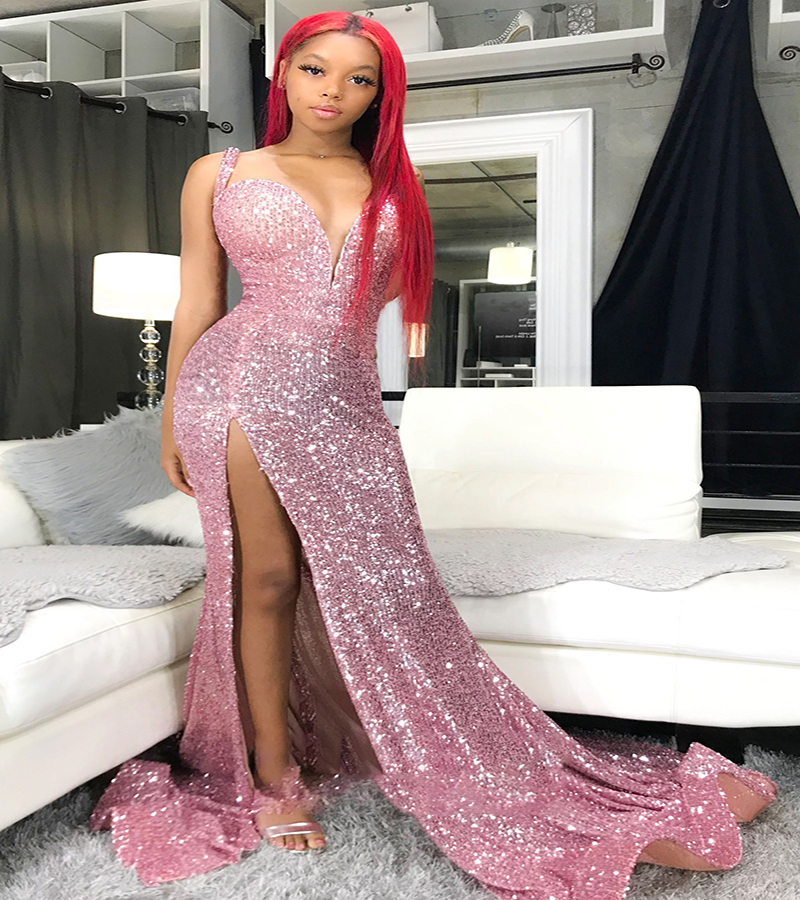 Sexy Pink Black Girls Prom Dress With Slit Glitter Sequined Formal Evening Dresses 2022 V Neck Mermaid Dance Party Gowns For Women African Special Occ