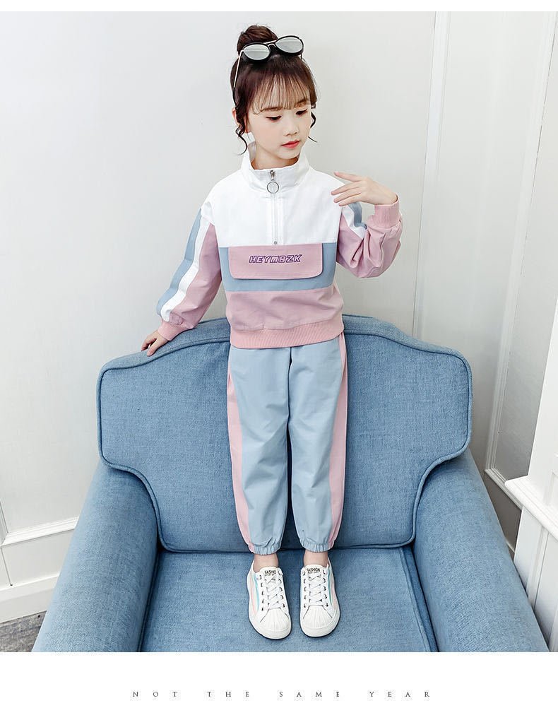 Fashion Big Girls Windproof Sports Semi-high Collar Letter Zipper Clothing Set Teen Spring Summer Tracksuit Kids Sportswear 201031