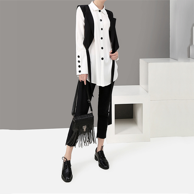 [EAM] Women Two Piece Blouse Strap Black Button New Lapel Long Sleeve Loose Fit Shirt Fashion Tide Spring Autumn LJ200922