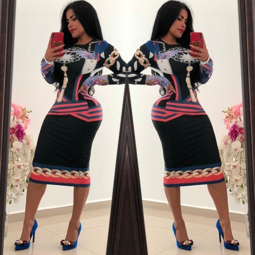 Autumn Women Fashion Personality Women's Poker Queen Mid Long Sleeve Dress Round Packet Hip Waist Dress SXXL T200320