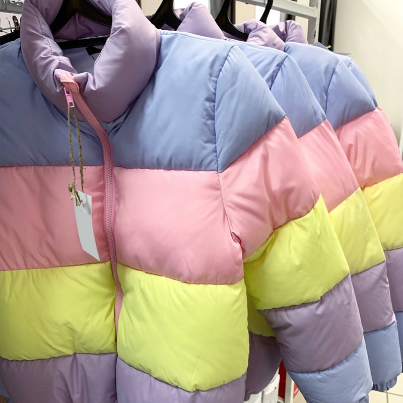 Women's Fresh Rainbow Contrast Short Bread Parkas Winter Zipper Pockets Jacket Women Parka Casual Patchwork Fuffy Female Jacket 201217