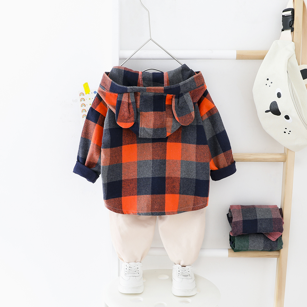 Toddler Boy Clothes Set Big Plaid Hooded Shirt + Elastic Pants Baby Boys Clothing Spring Autumn Children Outwear Normal Size 201031