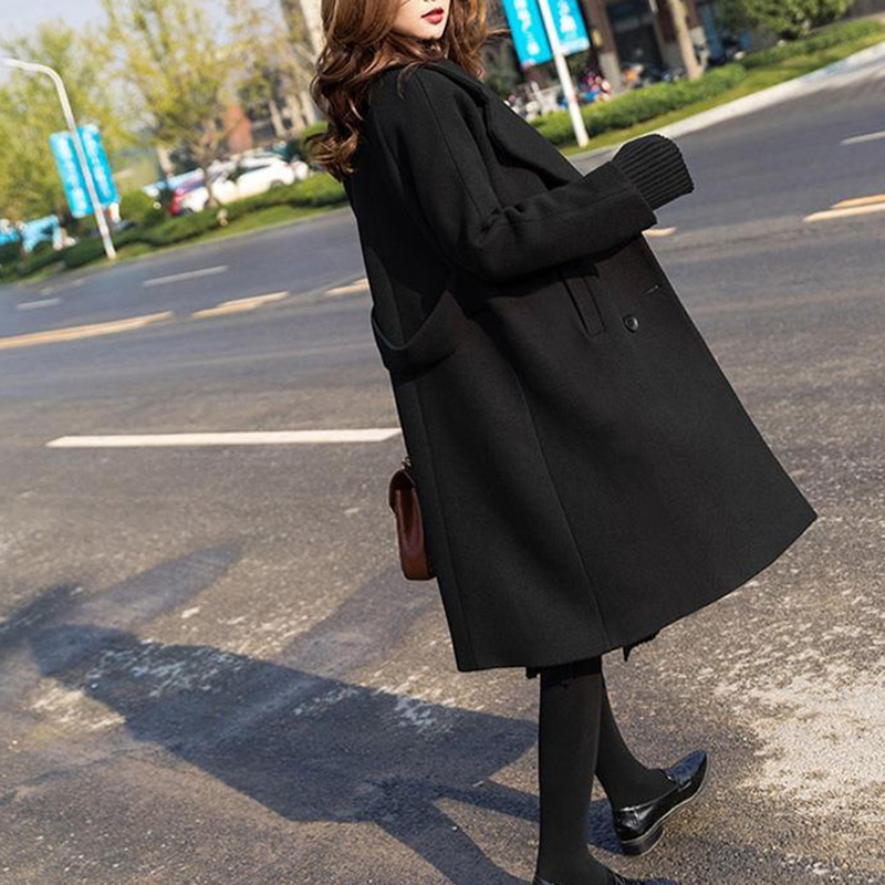 Black Coat Women Button Pockets V-Neck Double Breasted Loose Solid Long Wool Coat Fashion Woman Coats Winter Plus Size 201111