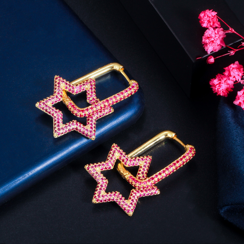 Shining Bling Full Colorful Zircon Hexagonal Dangle Drop Earrings Real Gold Plated Star Earring Jewelry No Fading