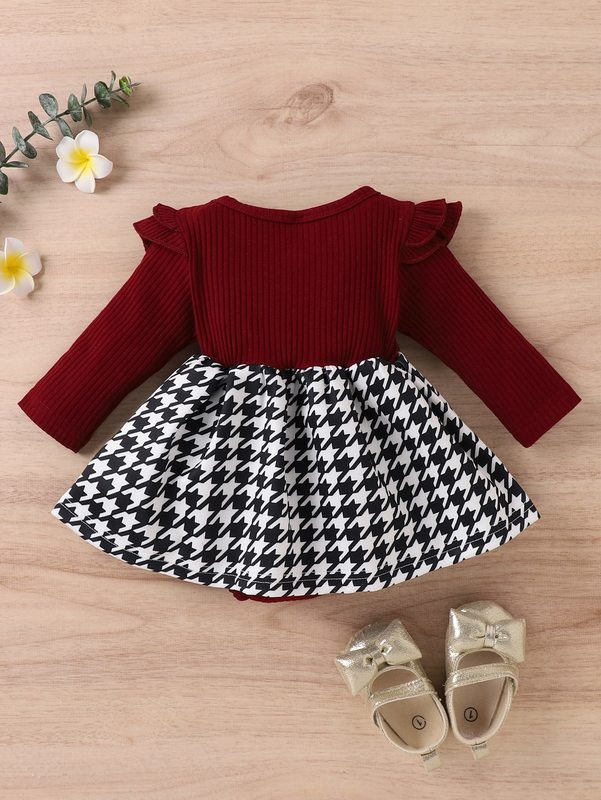 Baby Houndstooth Panel Ruffle Trim Bow Front 2 In 1 Combo Bodysuit Dress SHE