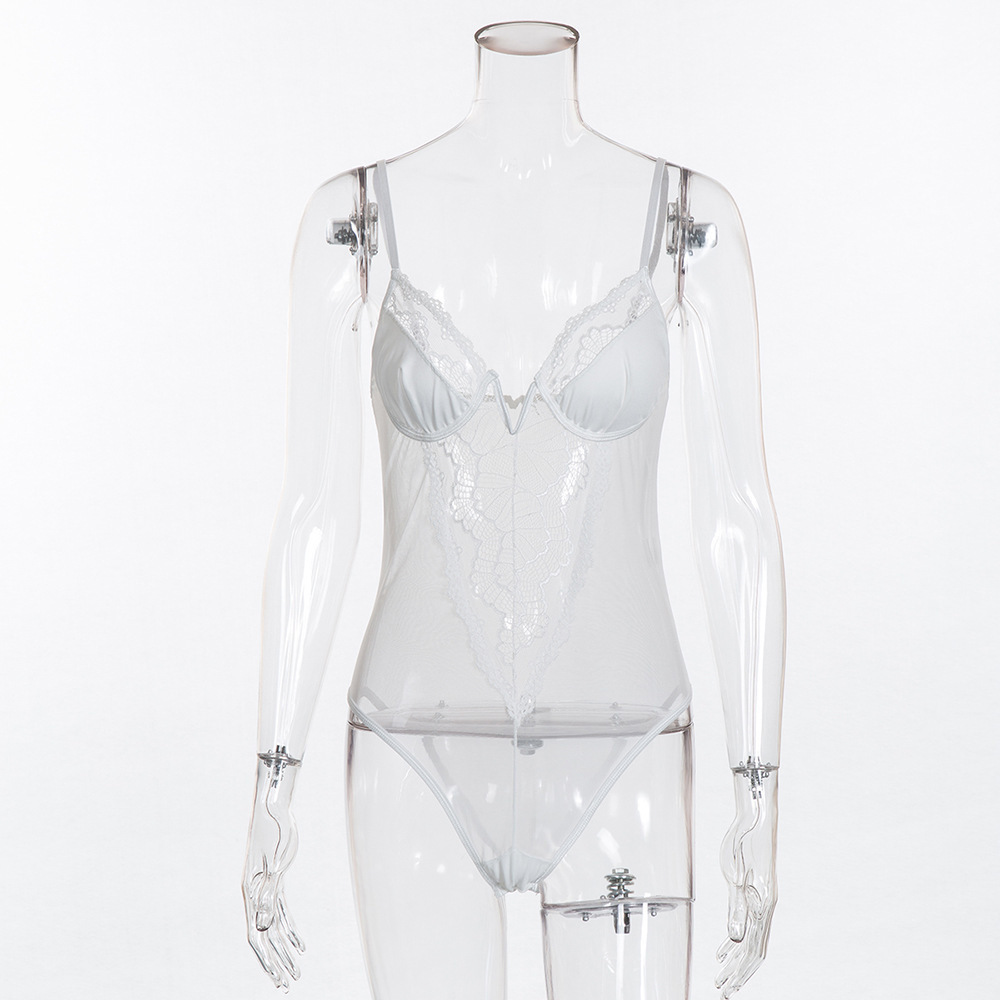 Cryptographic deep V fashion lace sexy bodysuit women patchwork mesh transparent female jumpsuit slim body mujer hot catsuit T200116