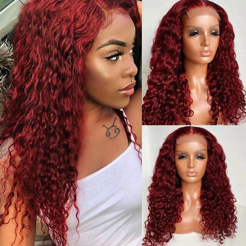 Deep Curly Human Hair Wigs 99J Color Lace Front Wigs Pre Plucked Brazilian Virgin Hair Glueless Lace with Baby, Black;brown 
Deep Curly Human Hair Wigs 99J Color Lace Front Wigs Pre Plucked Brazilian Virgin Hair Glueless Lace with Baby, Black;brown