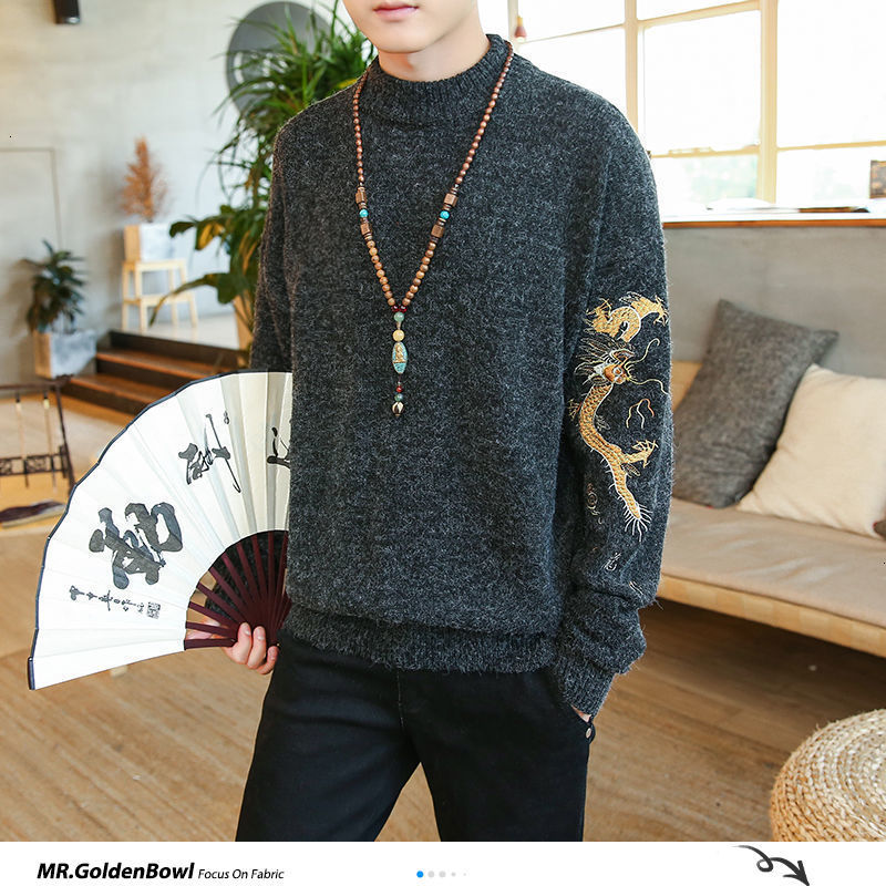 MrGoldenBowl Autumn Warm Men Sweaters Chinese Dragon Printed Knitted Pullovers Plus Size Man Loose Sweater Tops 201221