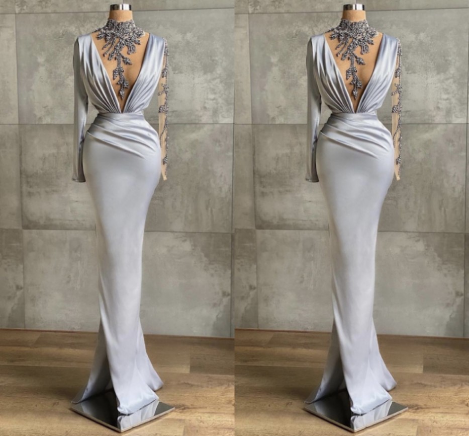 2022 Mermaid Silver Sleeves Evening Dress Elegant New Sheer High Neck Cryatal Beads African Women Prom Formal Gowns Robe De Soiree Vestidos Longo