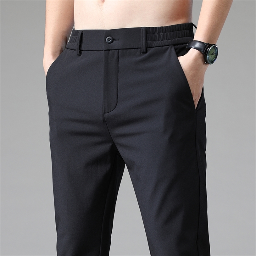 Summer Pants Mens Stretch Korean Casual Slim Fit Elastic Waist Jogger Business Classic Trousers Male Black Gray Blue 28-38 220315