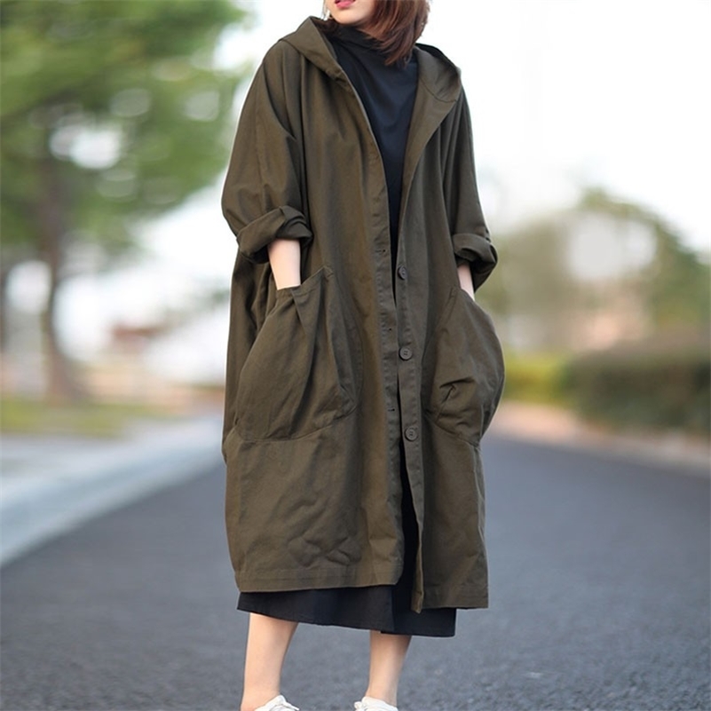 Johnature Autumn New Loose Plus Size Hooded Single Breasted Windbreaker Simple Casual Solid Color All-match Women Long Coat 201211