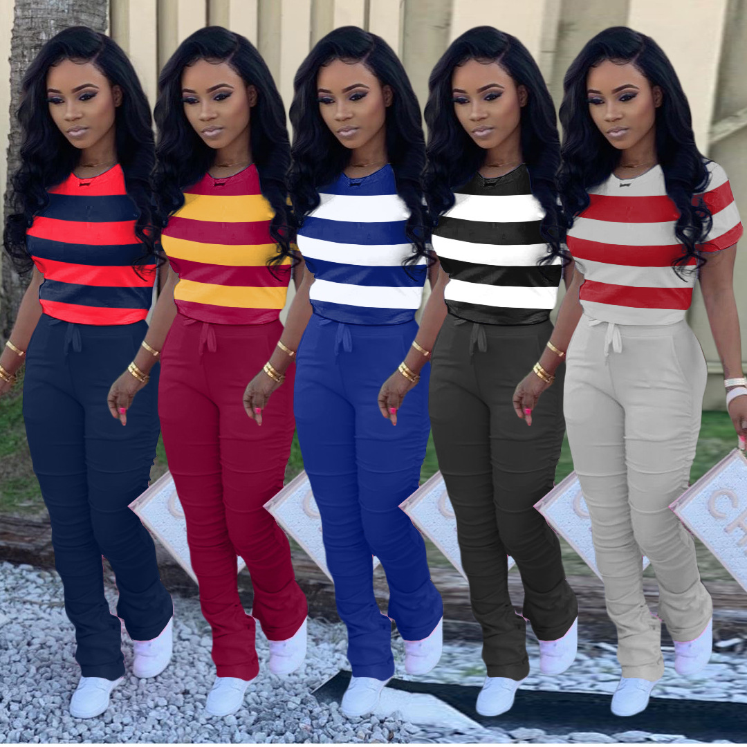 Fashion women's color matching hip-lifting slim-fit pleated micro-flared pants two-piece