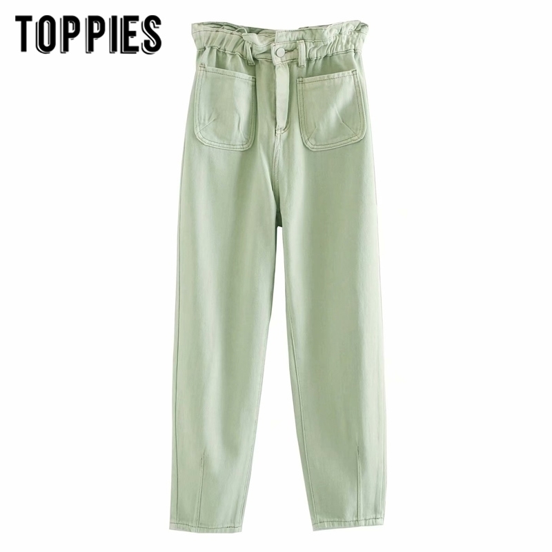 white green jeans denim paperbage pants front pockets high waist jeans ankle lenght streetwear 201006
white green jeans denim paperbage pants front pockets high waist jeans ankle lenght streetwear 201006