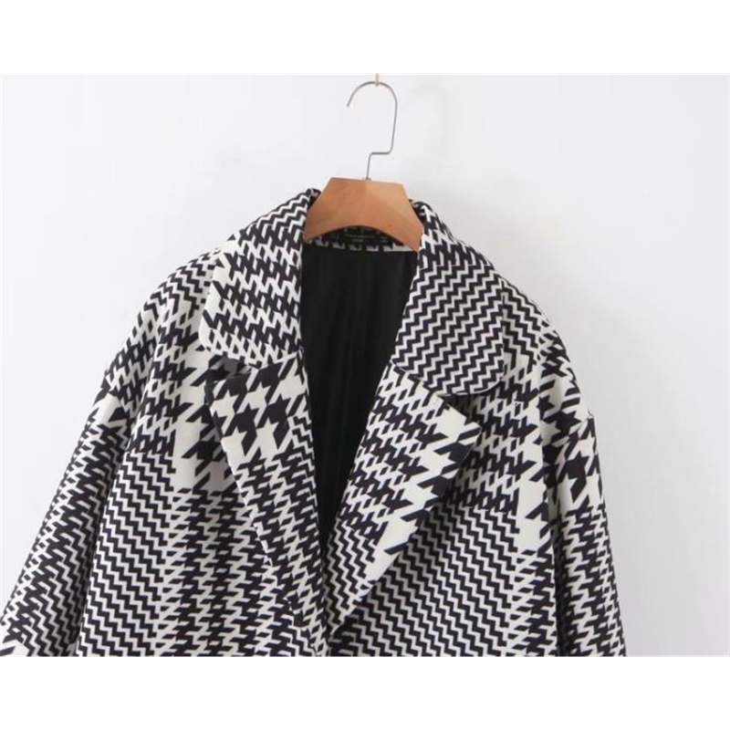 Vintage Plaid Wool Winter Coat Women Houndstooth Outwear Office Long Jacket Tops Female Overcoat Casaco Feminino 201027