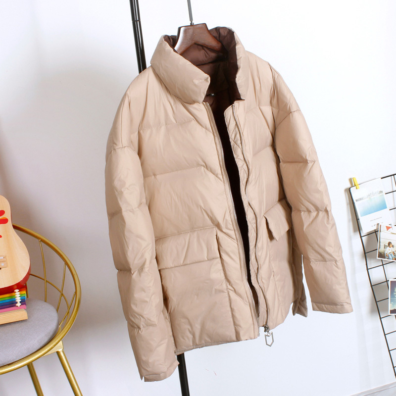 New Winter Short White Duck Down Jacket Stand Collar Female Soft Casual Warm Contrast stitching Coat Windproof Good Qaunlity 201019