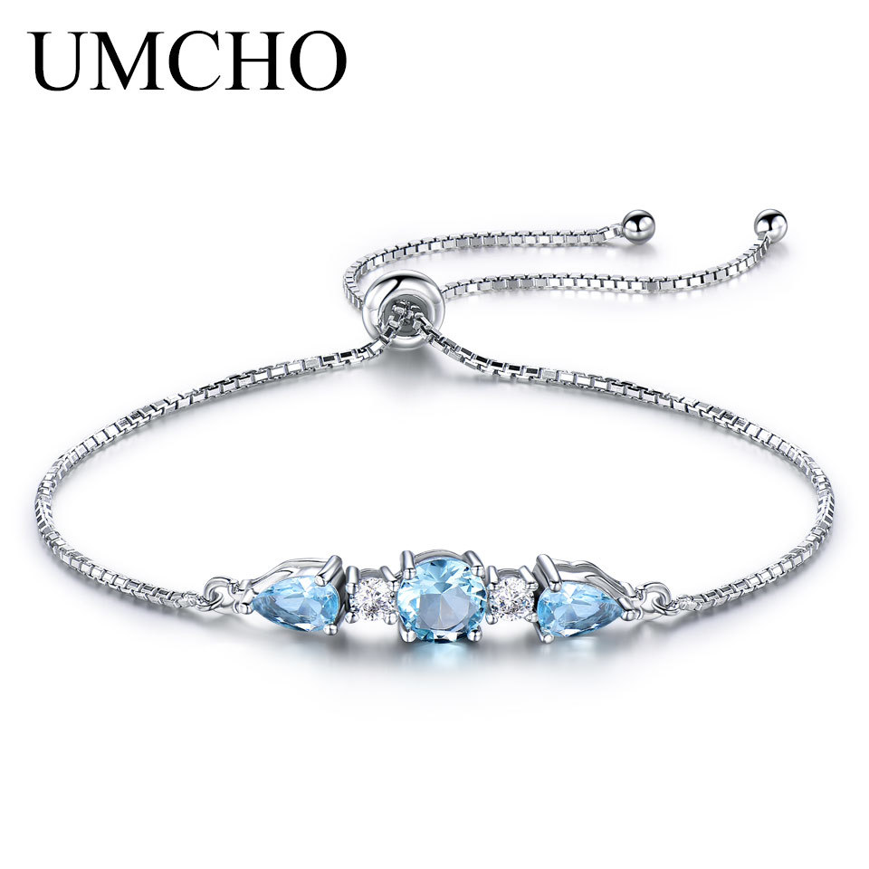 UMCHO Solid 925 Sterling Silver Bracelets & Bangles For Women Natural Sky Blue Topaz Adjustable Tennis Bracelet Fine Jewelry 201209