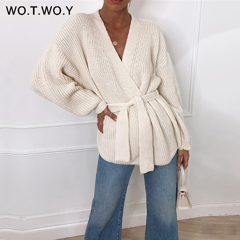 WOTWOY Sexy V-neck Knitted Cardigan Women Autumn Winter Long Sleeve Cropped Kimono Cardigans Female Solid Oversized Jumper 201023